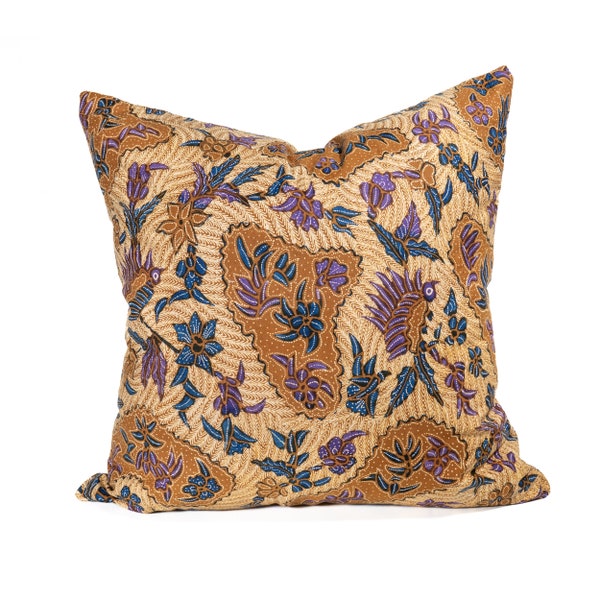 Exotic Floral Vintage Batik Pillow Case, Vintage Hand-drawn Indonesian Batik, Double Sided 20"x20"