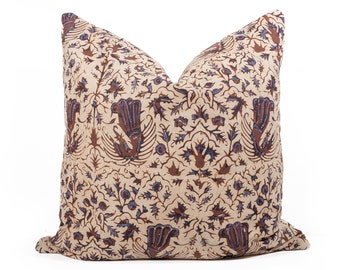 Beige Brown Vintage Batik Pillow Cover 20"x20", Floral Pillow, Indonesian Hand-Stamped Batik Sogan