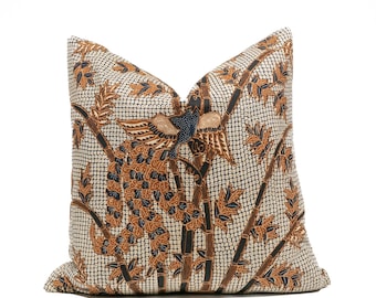 Vintage Indonesian Batik Pillow Cover 19"x19" – Hand-Drawn Javanese Textile, Bird & Bamboo Motif