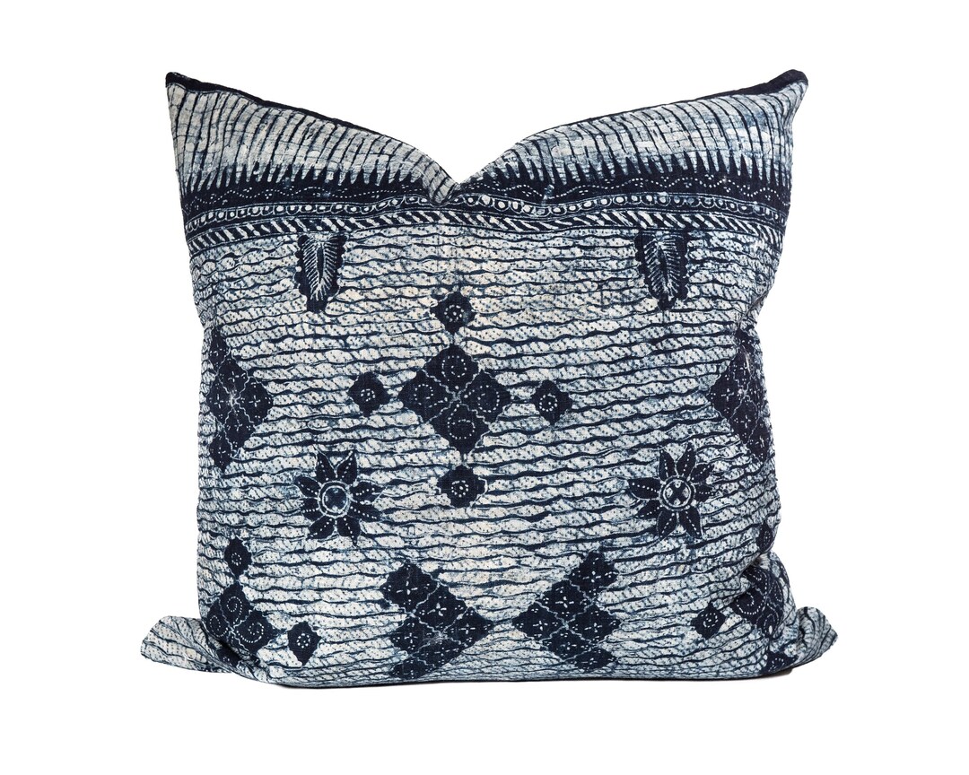 Indigo Batik Pillow Cover, Vintage Handdrawn Batik Cushions 20x20