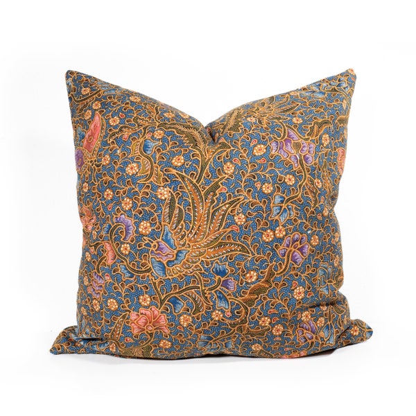 Vintage Javanese Hand-drawn Batik Pillow Cover 20"x20", Blue Floral Batik Tulis, Indonesian Antique Batik