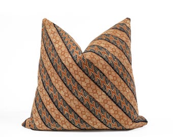 Vintage Batik Parang Pillow Cover, Gold and Black Brown Hand-Drawn Batik Cushion, Indonesian Textile