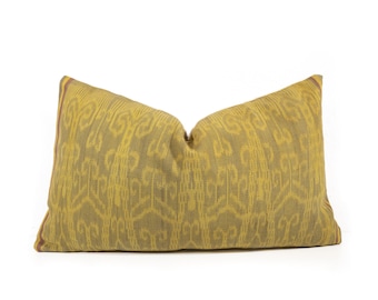 Lumbar Tribal Yellow Antique Ikat Pillow Cover 12"x20", Dayak Desa Tribe Ikat, Borneo Naturally Dye Ikat