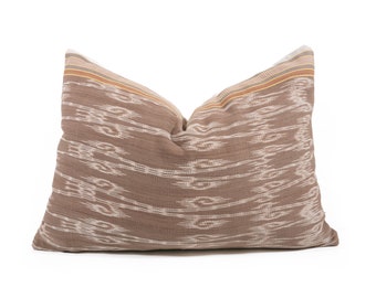 Primitive Ikat Lumbar Pillow Cover 14x20", Pale Brown Borneo Ikat, Natural Dye Indonesian Ikat