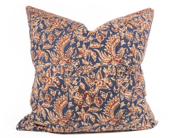 Sumatera Batik Pillow Cover 20"x20", Dusty Blue - Reddish Brown Floral Pillow, Vintage Indonesian Hand-Stamped Batik Sogan