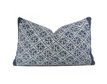 Lumbar Vintage Batik Pillow Cover, Dark Blue White Batik, Indonesian Hand-drawn Batik Pillow 12x19"