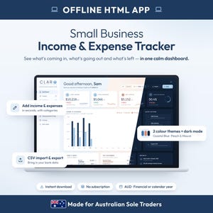 May include: An offline HTML app for a small business income and expense tracker displayed on a laptop screen. The dashboard shows financial data, charts, and categories. Text includes "OFFLINE HTML APP", "Small Business Income & Expense Tracker", and "Made for Australian Sole Traders".