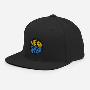 May include: Black fitted baseball cap with a blue and yellow embroidered logo that says "NEO GEO".