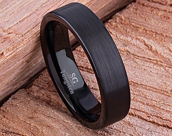 Black Tungsten Band for Weddings and Engagements 6mm Flat Brushed Finish, Unique Gift for Friend, Anniversary Present, Popular Tungsten Ring