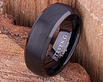 Black Tungsten Mens Wedding Ring, Mans Engagement Band, 8mm Brushed Finished Center Beveled Edge, Promise Ring for Him, Tungsten Ring Gift