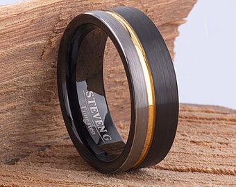 Brushed Tungsten Wedding Band 8mm: Black & Yellow Gold Plated Ring
