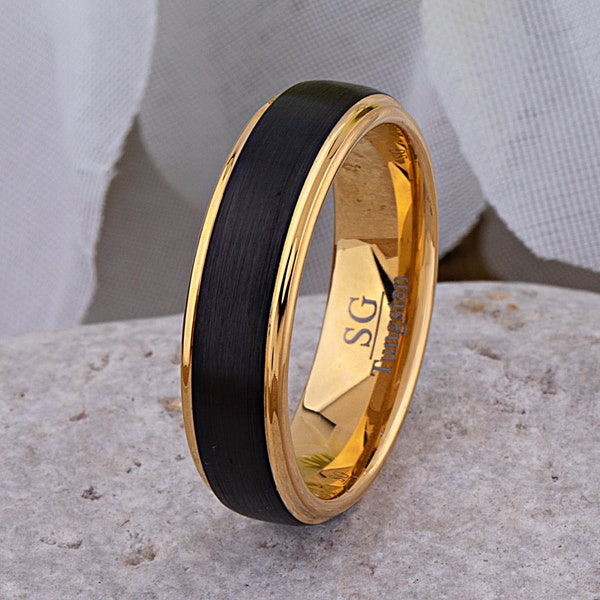 Tungsten Carbide Wedding Band 6mm with Yellow Gold & Black Plating, Affordable Ring for Men or Women. Popular Gift for Birthday or Holiday