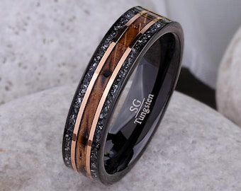 Whiskey Barrel and Meteorite Ring: Black Tungsten 6mm Unisex Wedding Band