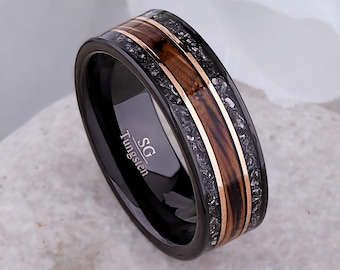 Whiskey Barrel and Meteorite Ring: Black Tungsten 8mm Wedding Band