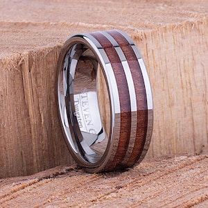 Tungsten Wedding Ring 8mm: Koa Wood Inlay, Promise Ring