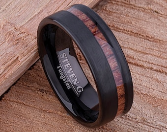 Tungsten Wedding Ring or Engagement Band 8mm, Padauk Wood Inlay and Black Plating, Promise Ring for Men, Unique Tungsten Band for Husband