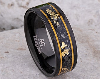 Yellow Gold Leaf & Meteorite Black Tungsten Carbide Wedding Band 8mm with Faceted Surface, Anniversary Engagement or Promise Ring for Men