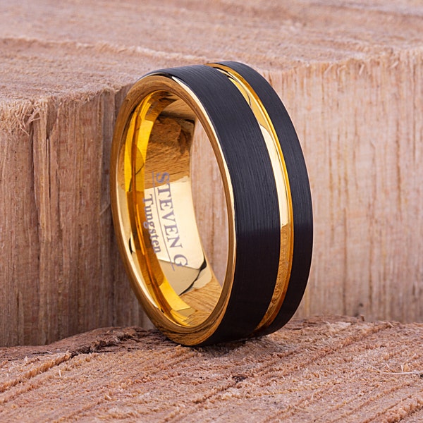 Tungsten Mens Wedding Ring 8mm with Yellow Gold and Black Brushed Surface, Mens Engagement Ring, Unique Wedding Band, Promise Ring For Him