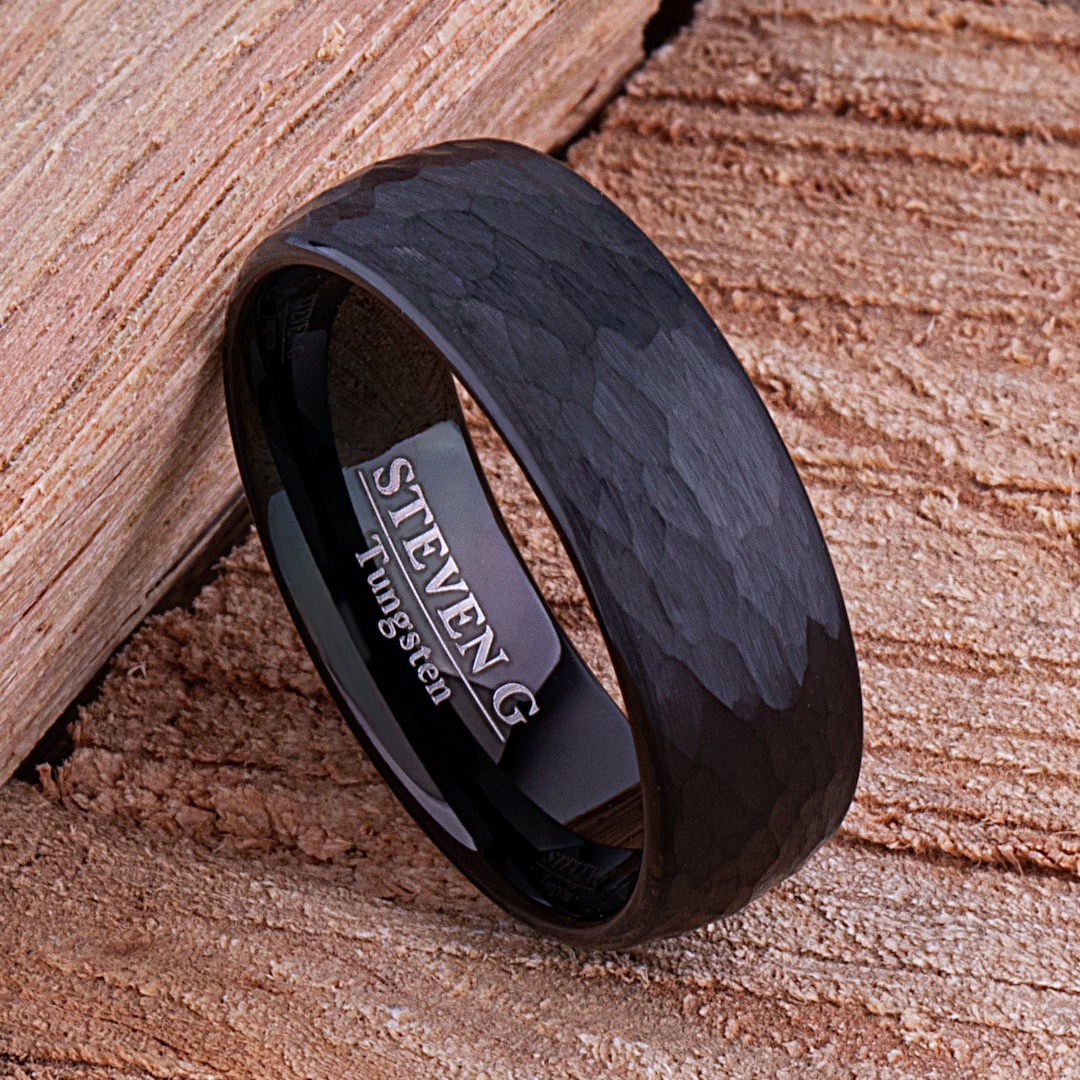 Black Tungsten Men\u0026#39;s Wedding Band 8mm Wide With Light Hammer and Brushed Finish, Unique Wedding ...