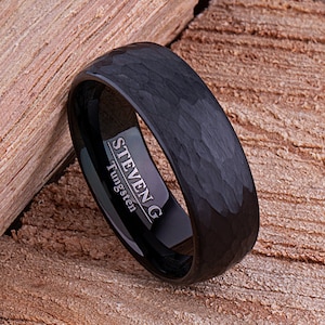 Black Tungsten Men's Wedding Band 8mm Wide with Light Hammer and Brushed Finish, Unique Wedding Ring or Anniversary Gift For Him