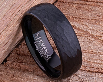 Black Tungsten Men's Wedding Band 8mm Wide with Light Hammer and Brushed Finish, Unique Wedding Ring or Anniversary Gift For Him