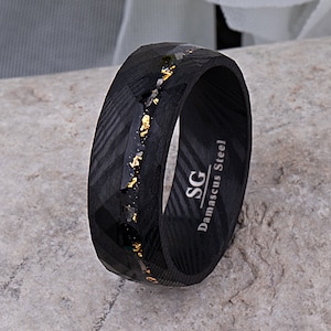 Damascus Steel Men&#39;s Black Wedding Band 8mm Wide with Meteorite, Gold Leaf and Sandstone, Promise Ring for Boyfriend, New Modern Design