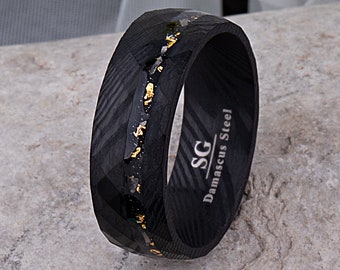 Damascus Steel Men's Black Wedding Band 8mm Wide with Meteorite, Gold Leaf and Sandstone, Promise Ring for Boyfriend, Light Weight Design