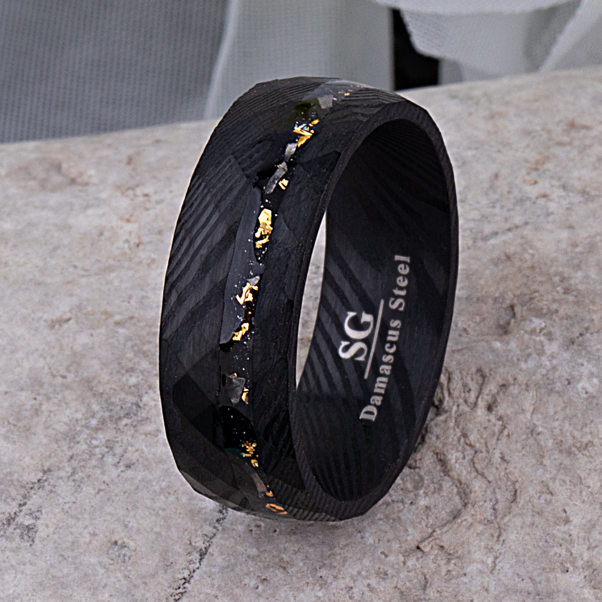 Damascus Steel Men's Black Wedding Band 8mm Wide with Meteorite, Gold Leaf and Sandstone, Promise Ring for Boyfriend, New Modern Design
