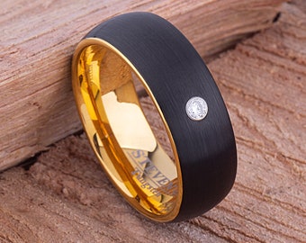 Brushed Black Tungsten Wedding Band: Yellow Gold Plated, 3mm CZ (8mm)