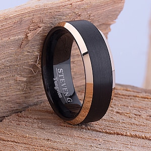 Tungsten Mens Engagement Ring or Wedding Band 8mm Rose Gold and Black, Promise Ring For Boyfriend, Popular and Unique Present for Husband