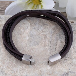 Men's Stainless Steel Dark Brown Leather Bracelet With - Etsy