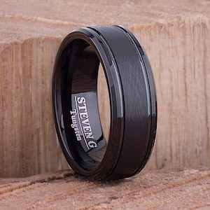 Tungsten Mens Wedding Band 8mm with Black Plating Brushed Center and Beveled Sides, Mens Engagement Ring, Unique Wedding Band, Tungsten Ring