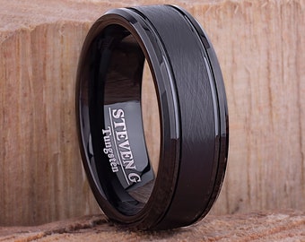 Tungsten Mens Wedding Band 8mm with Black Plating Brushed Center and Beveled Sides, Mens Engagement Ring, Unique Wedding Band, Tungsten Ring