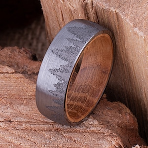 Forest Tungsten Band for Weddings or Engagements 8mm with Whiskey Barrel Wood, Promise Ring for Boyfriend, Unique Band For Him, Tree Ring