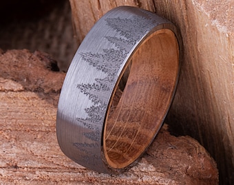 Tungsten Forest Ring: Whiskey Barrel Wood Inlay, 8mm Comfort Fit