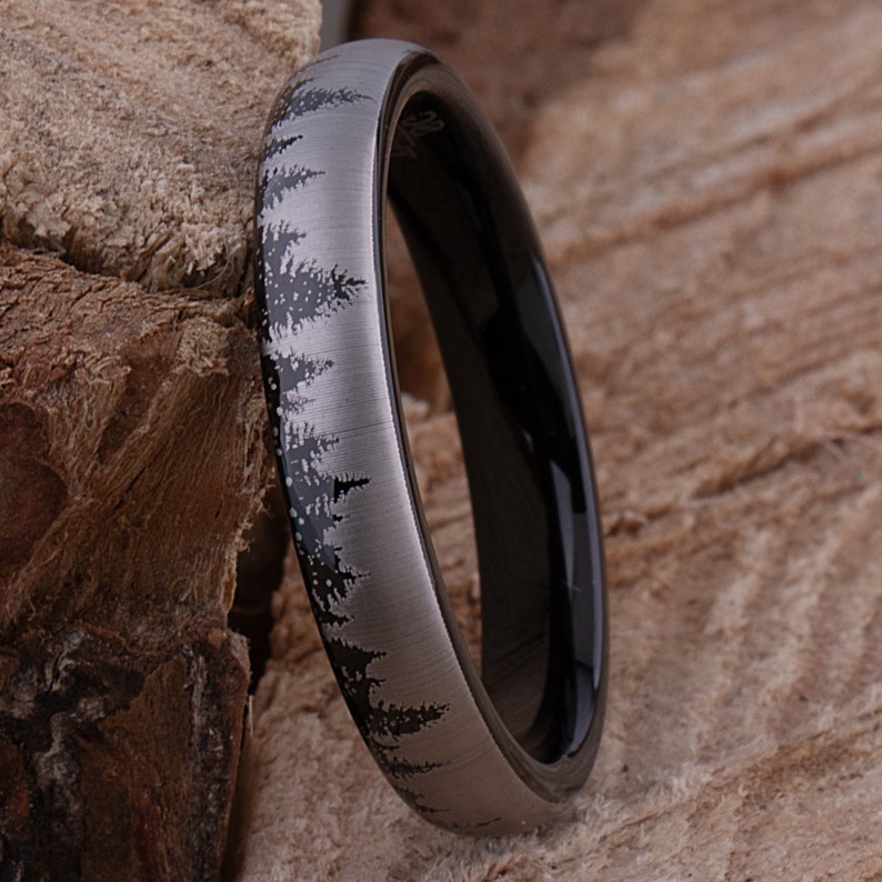 Forest Tree Tungsten Ring, Black Wedding Band 4mm Wide, Promise Ring or Anniversary Gift for Men or Women, Popular Affordable Unisex Style