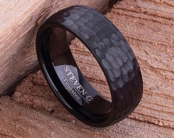 Black Tungsten Mens Wedding Band 8mm with Hammer and Brushed Finish, Unique Wedding Ring, Black Wedding Band, Black Mans Ring, Gift For Him