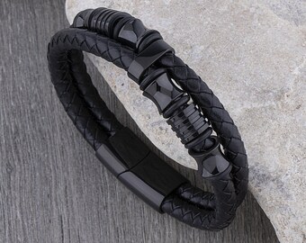 Men's Leather Braided Bracelet With Unique Black Stainless Steel Cylinder Designs and Secure Slide Magnetic Clasp Lock, Great Gift for Men