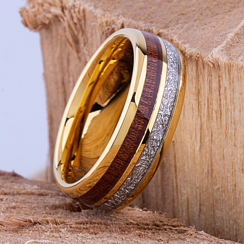 Tungsten Mens Wedding Band 8mm Yellow Gold Koa Wood and Man Etsy