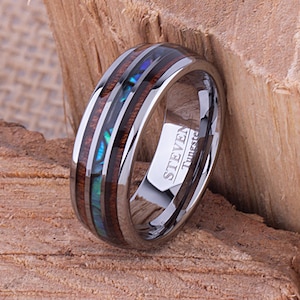 Tungsten Mens Wedding Band 8mm with Koa Wood and Abalone Shell, Mens Engagement Ring, Mens Promise Ring, Gift For Him, Mens Tungsten Ring