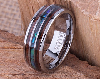 Tungsten Mens Wedding Band 8mm with Koa Wood and Abalone Shell, Mens Engagement Ring, Mens Promise Ring, Gift For Him, Mens Tungsten Ring
