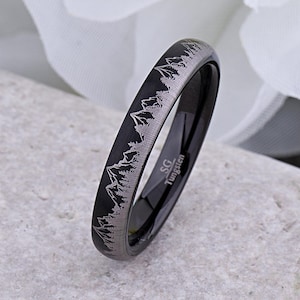Mountain Tungsten Ring: Black 4mm Wedding Band, Adventure Style