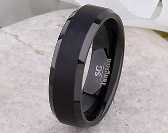 Black Tungsten Mens Wedding Band, Mans Engagement Ring 7mm Brushed, Anniversary Ring for Husband, Promise Ring for Boyfriend, Tungsten Ring