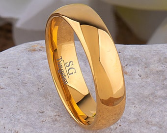 18kt Gold Plated Tungsten Ring 6mm, Unisex Style for Husband or Wife, Promise Ring or Anniversary Gift for Men or Women, Finest Quality