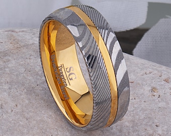 Damascus Steel and Yellow Gold Tungsten Wedding Band 8mm Wide Promise Gift for Boyfriend, Anniversary Present for Him, Popular New Design