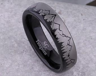 Mountain Tungsten Ring, Black Wedding Band 6mm Wide, Promise Band or Anniversary Gift for Men or Women, Present for Nature Loving Friend