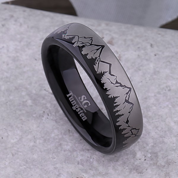 Mountain Tungsten Ring, Black Wedding Band 6mm Wide, Promise Band or Anniversary Gift for Men or Women, Present for Nature Loving Friend