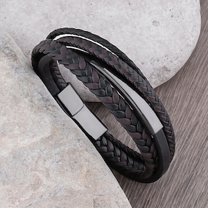 Stainless Steel Men's Black Braided Leather Bracelet with Engraving Plate, Gift for Boyfriend, Husband, Father or Son, Best Present for Him