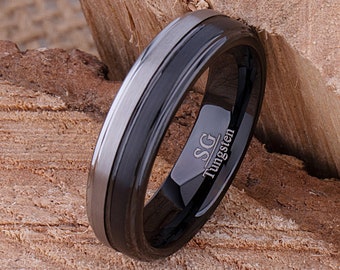 Unisex Tungsten Wedding Band 6mm Wide with Black Plating and Flat Brushed Surface, Unique Two Tone Ring For Men and Women, Promise Ring