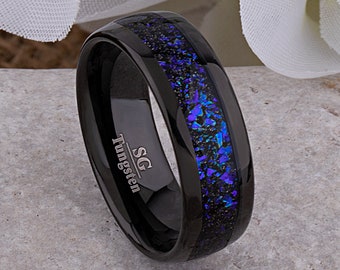 Celestial Black Tungsten Wedding Band: Crushed Sandstone Galaxy Ring, 8mm